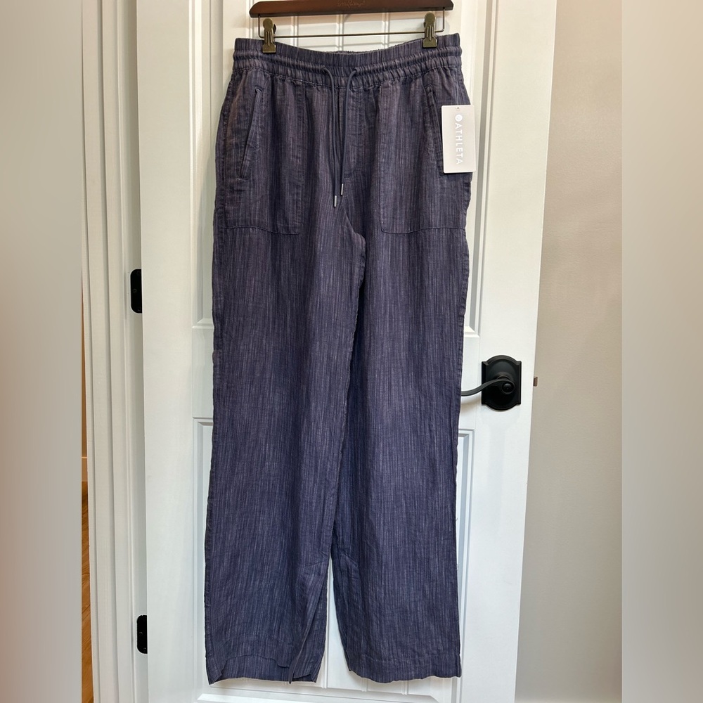 Athleta Retreat Wide Leg Linen Pant SP 24 Blue With White Highlights Siz…